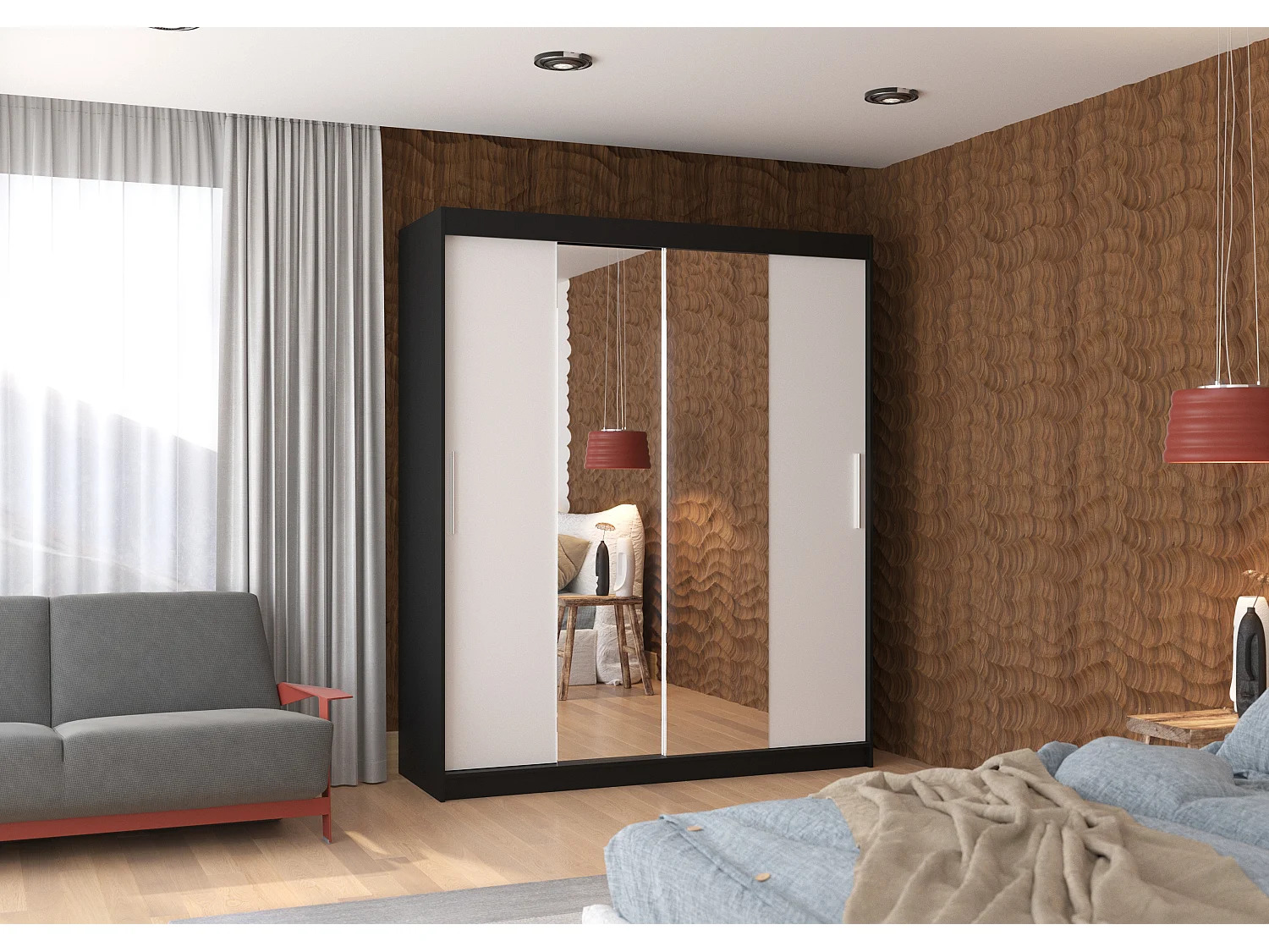 Armoire de chambre à coucher noir 2 portes coulissantes blanc et miroir Dally 180cm