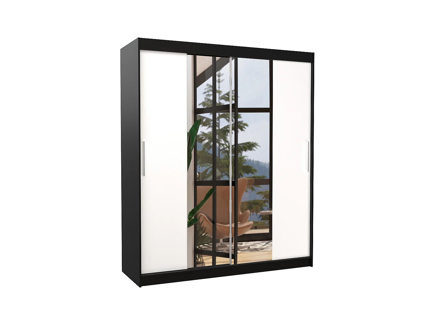 Armoire de chambre à coucher noir 2 portes coulissantes blanc et miroir Dally 180cm