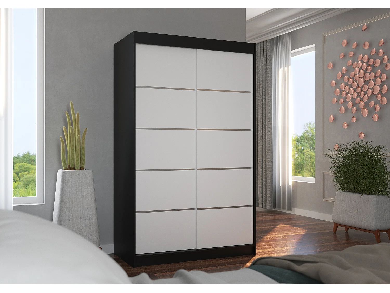 Petite armoire de chambre noir et blanc avec 2 portes coulissantes Benko 120cm