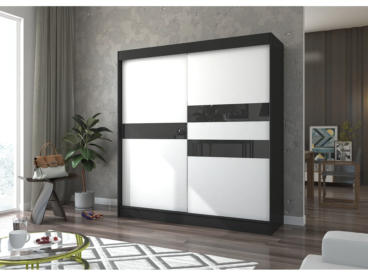 Armoire de chambre noir à portes coulissantes bois blanc mat et noir laqué Korza - 3 tailles-Largeur 200 cm