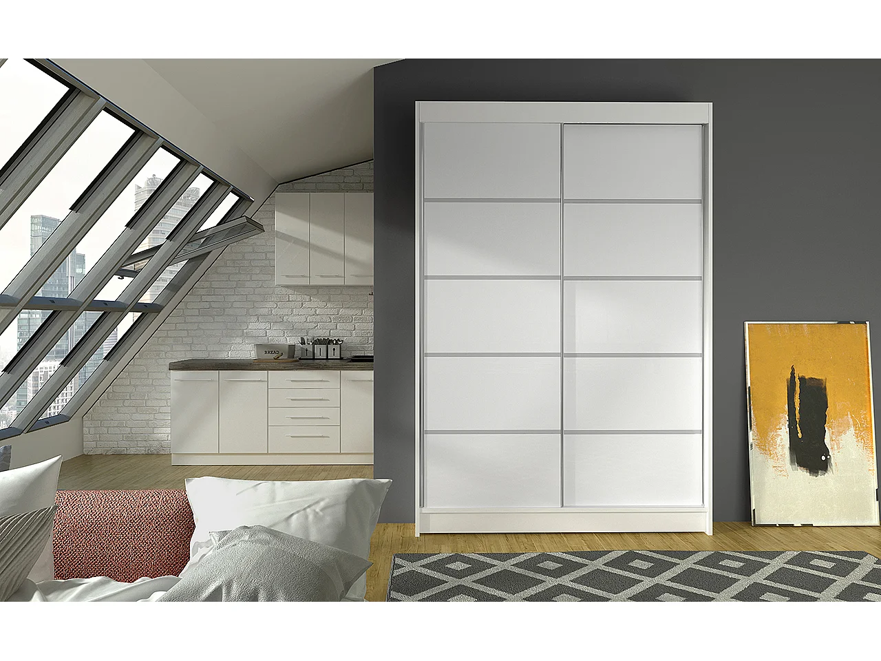 Petite armoire de chambre blanche avec 2 portes coulissantes Benko 120cm