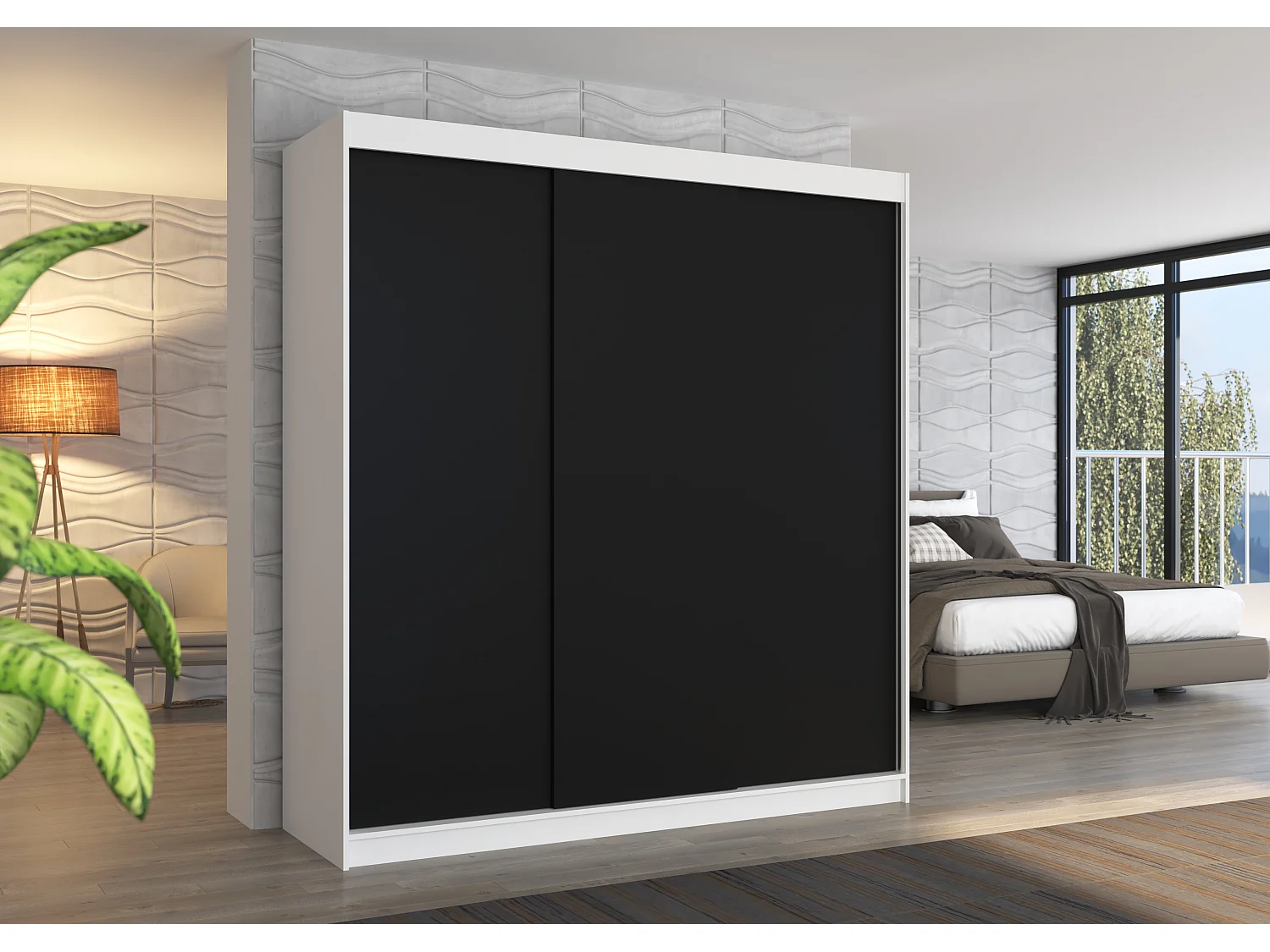 Armoire chambre adulte blanche et noir 2 portes coulissantes Kamia 200cm