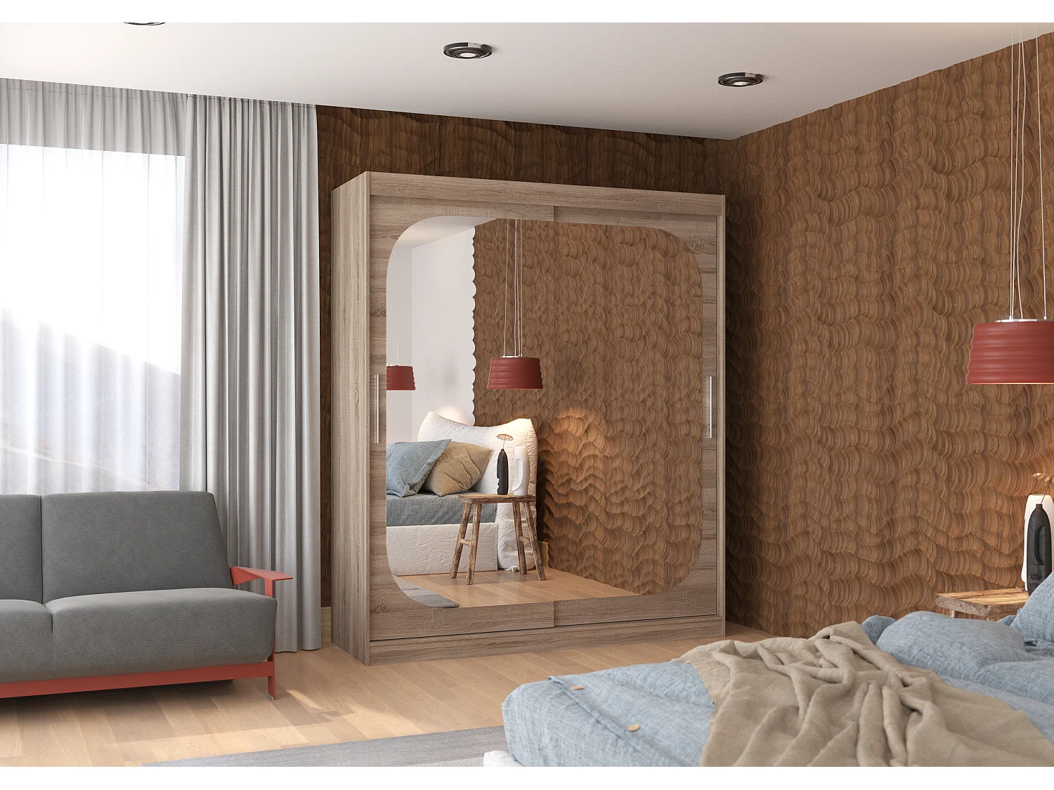 Armoire de chambre design bois truffe 2 portes coulissantes avec miroir Ibizo 180cm