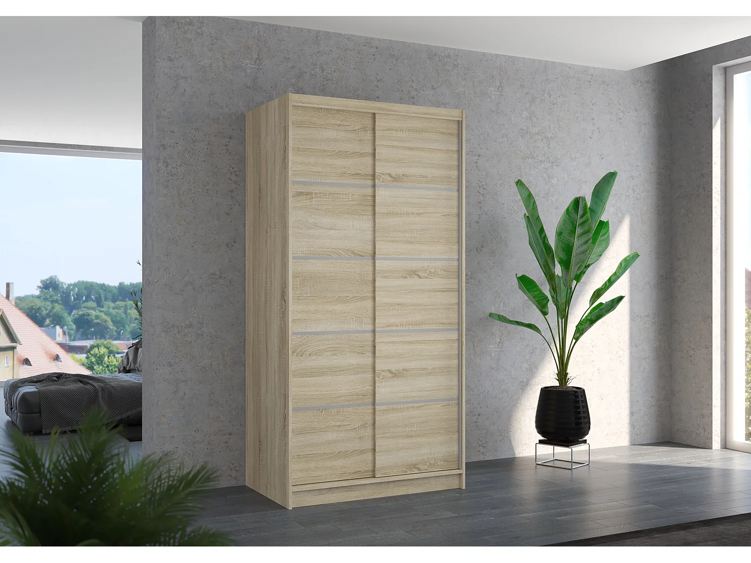 Petite armoire de chambre naturel 2 portes coulissantes Rika 100cm