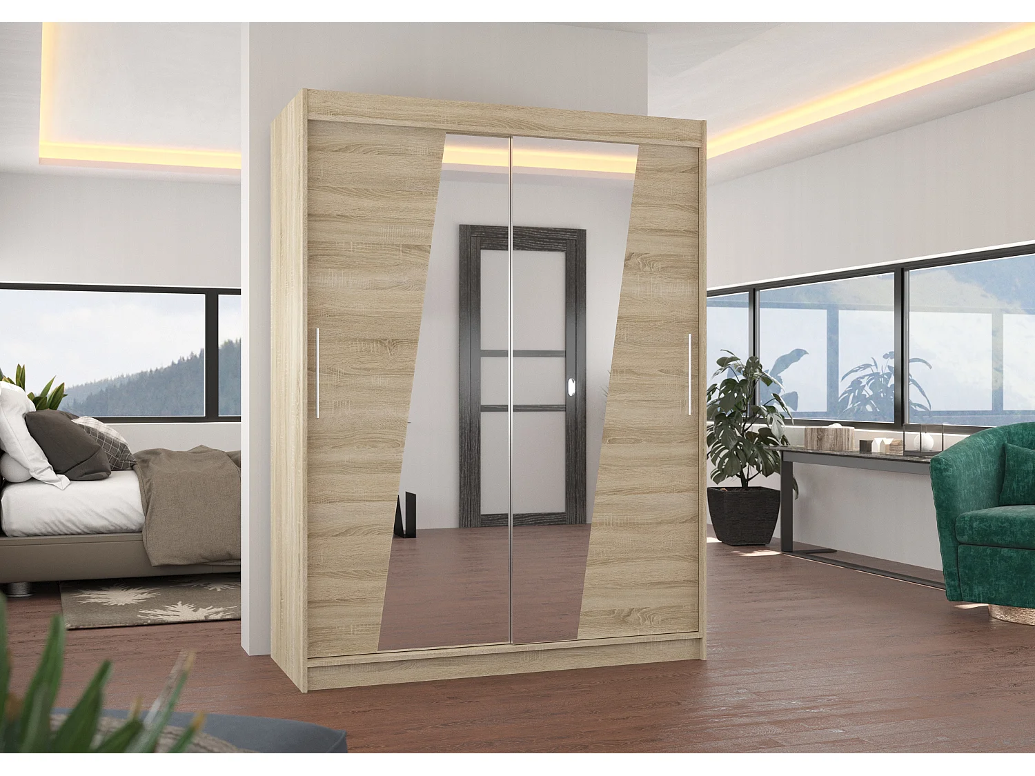 Armoire de chambre 2 portes coulissantes bois clair et miroirs en diagonale Bekone 150cm