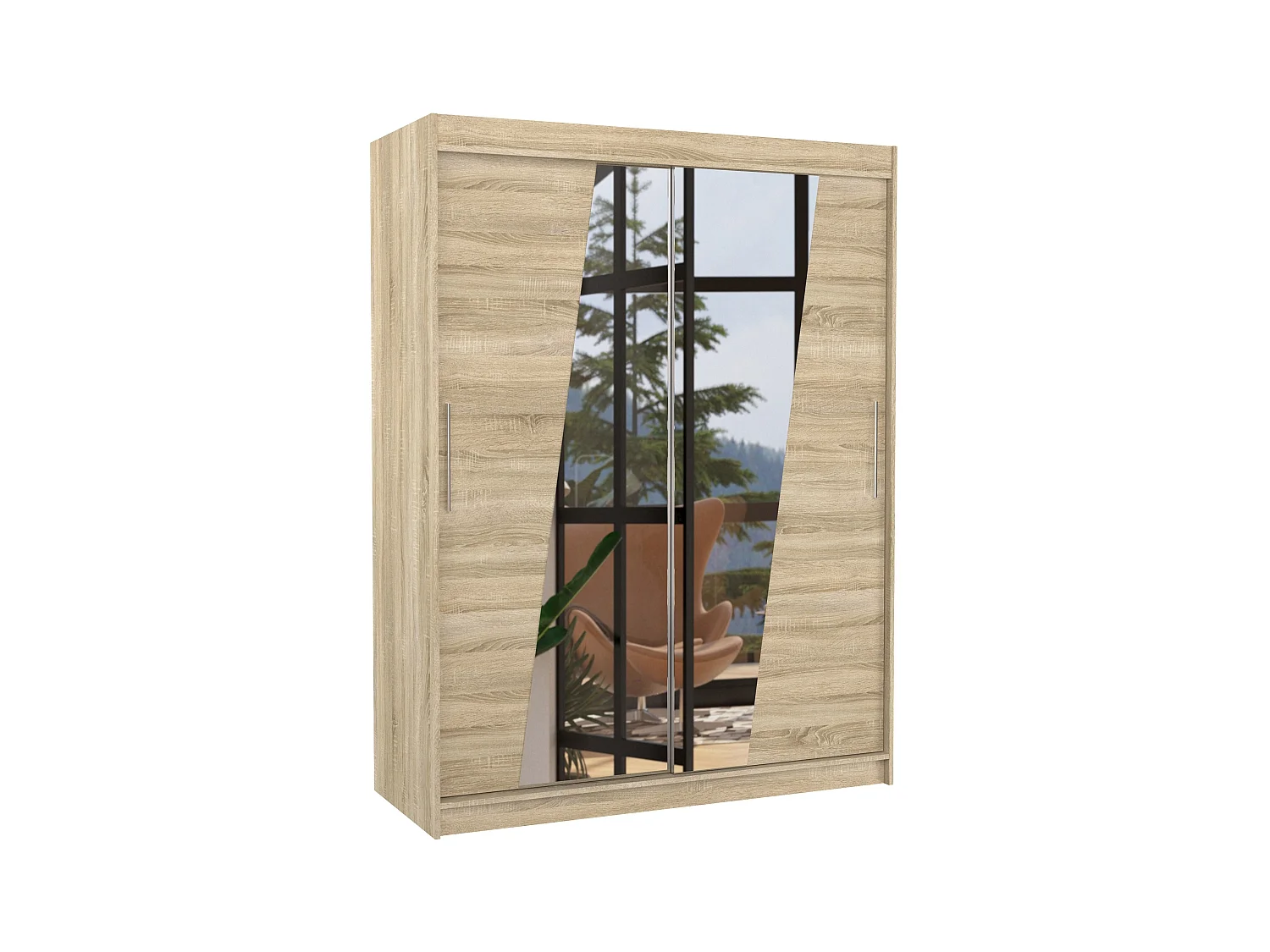 Armoire de chambre 2 portes coulissantes bois clair et miroirs en diagonale Bekone 150cm
