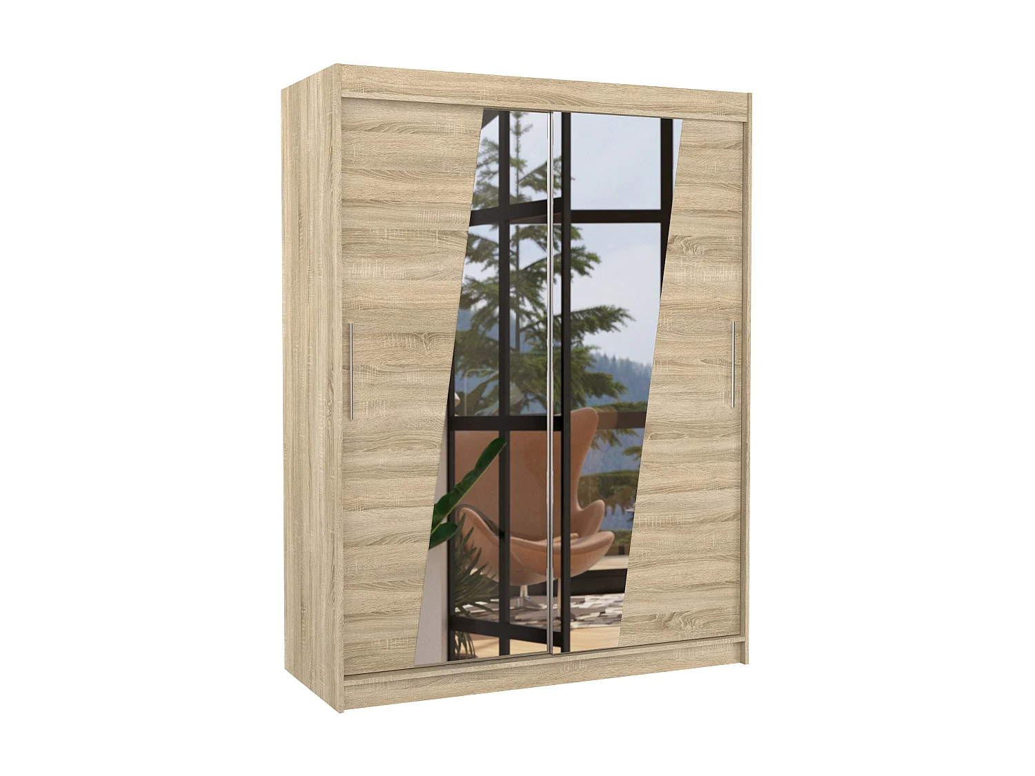 Armoire de chambre 2 portes coulissantes bois clair et miroirs en diagonale Bekone 150cm