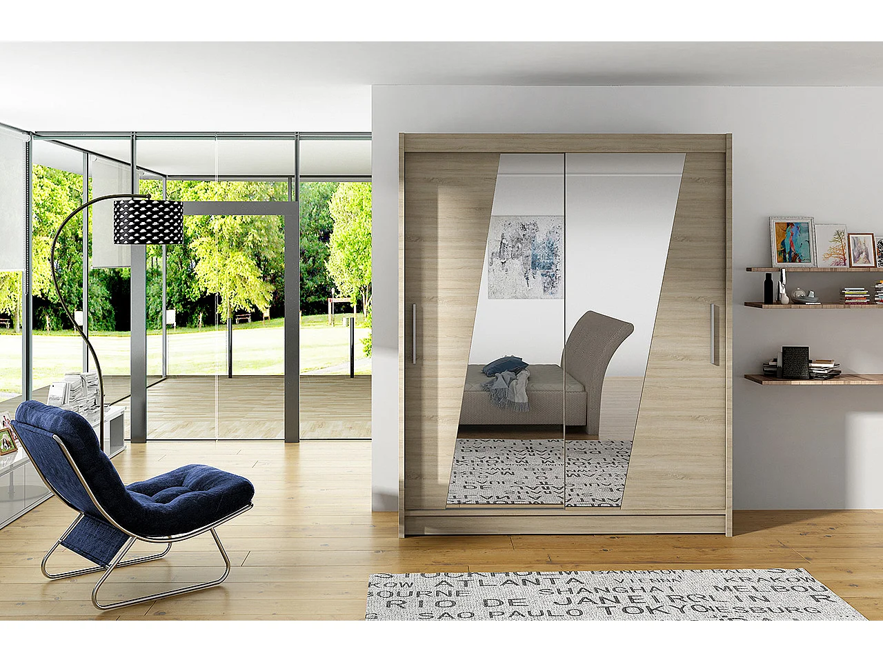 Armoire de chambre 2 portes coulissantes bois clair et miroirs en diagonale Bekone 150cm