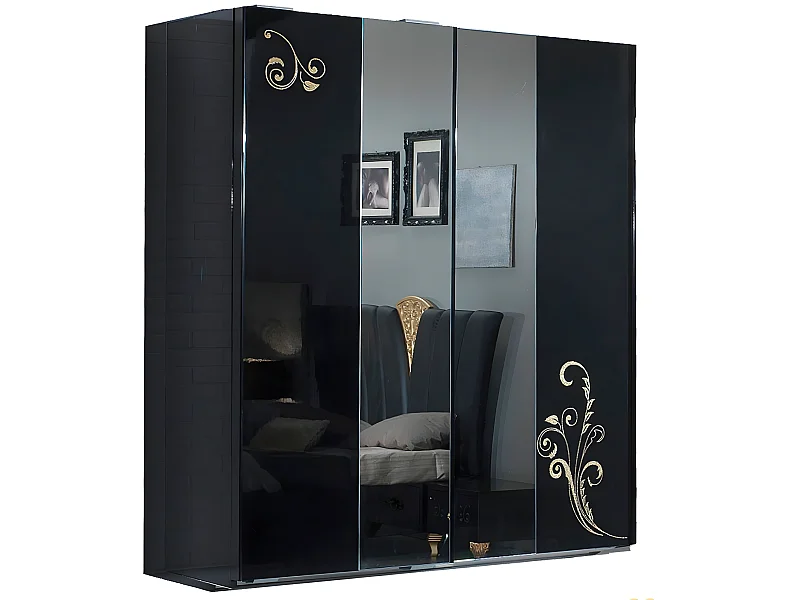 Grande armoire de chambre design 3 portes coulissantes bois laqué noir et doré Jade 270cm