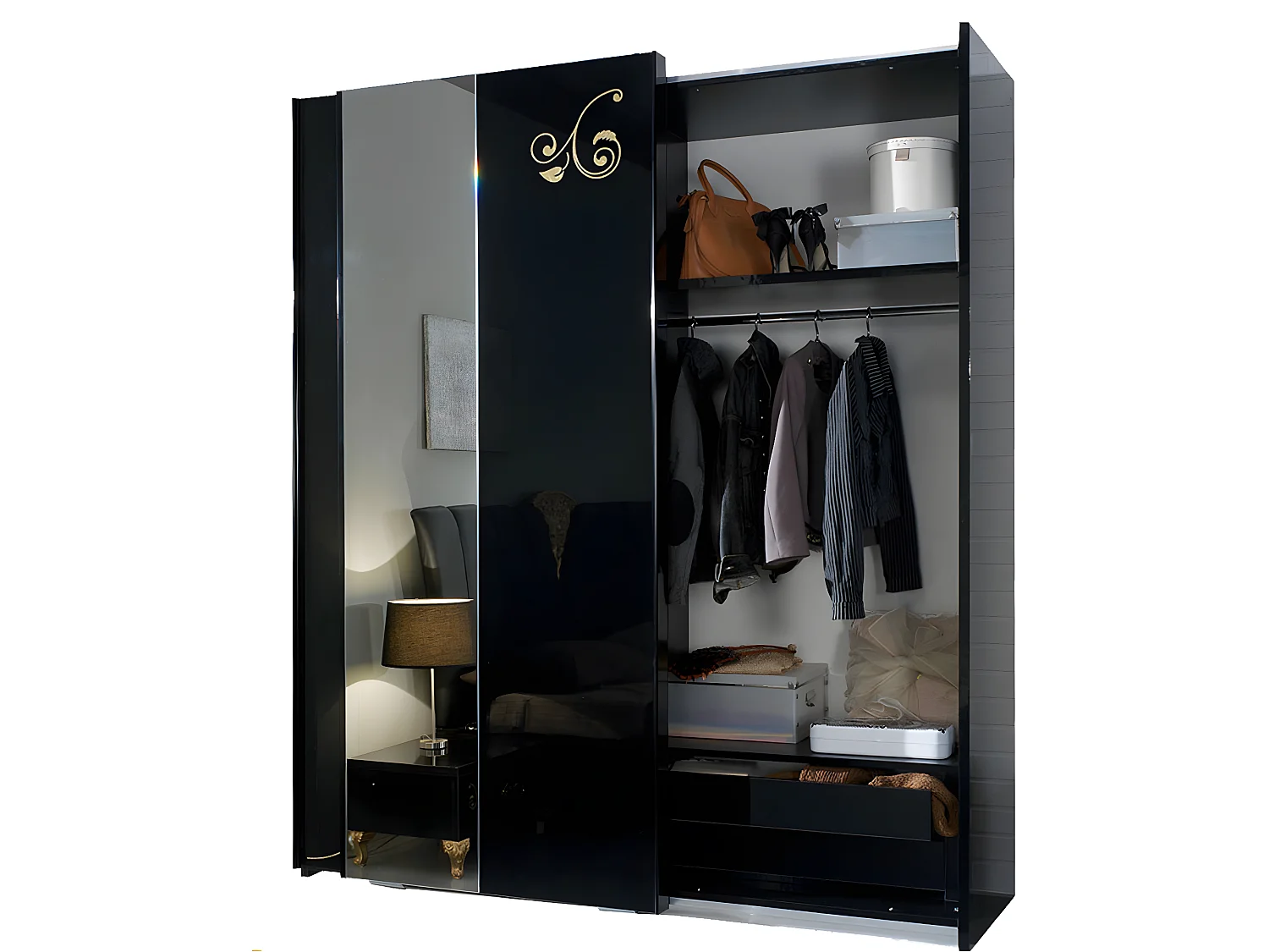 Grande armoire de chambre design 3 portes coulissantes bois laqué noir et doré Jade 270cm