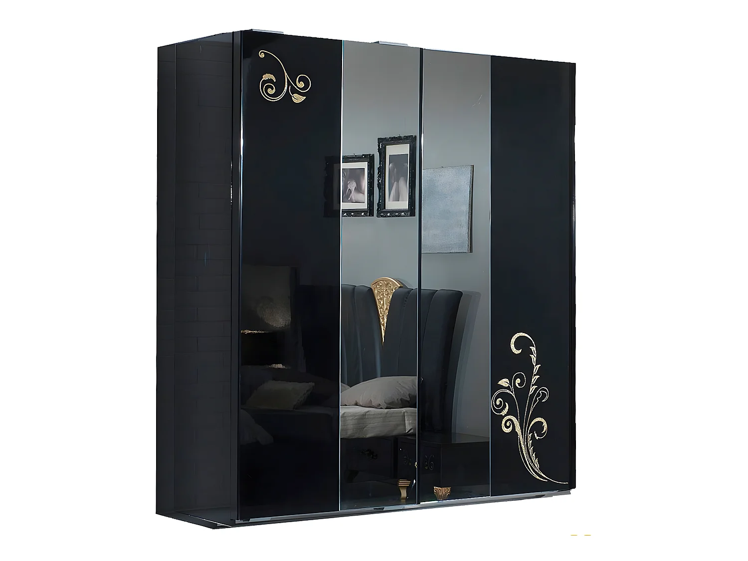 Grande armoire de chambre design 3 portes coulissantes bois laqué noir et doré Jade 270cm