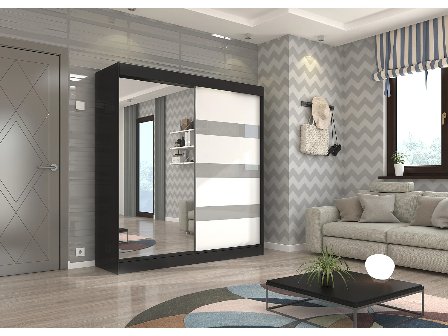 Armoire de chambre noire 1 porte blanche et grise laquée 1 porte miroir Voka - 3 tailles-Largeur 150 cm