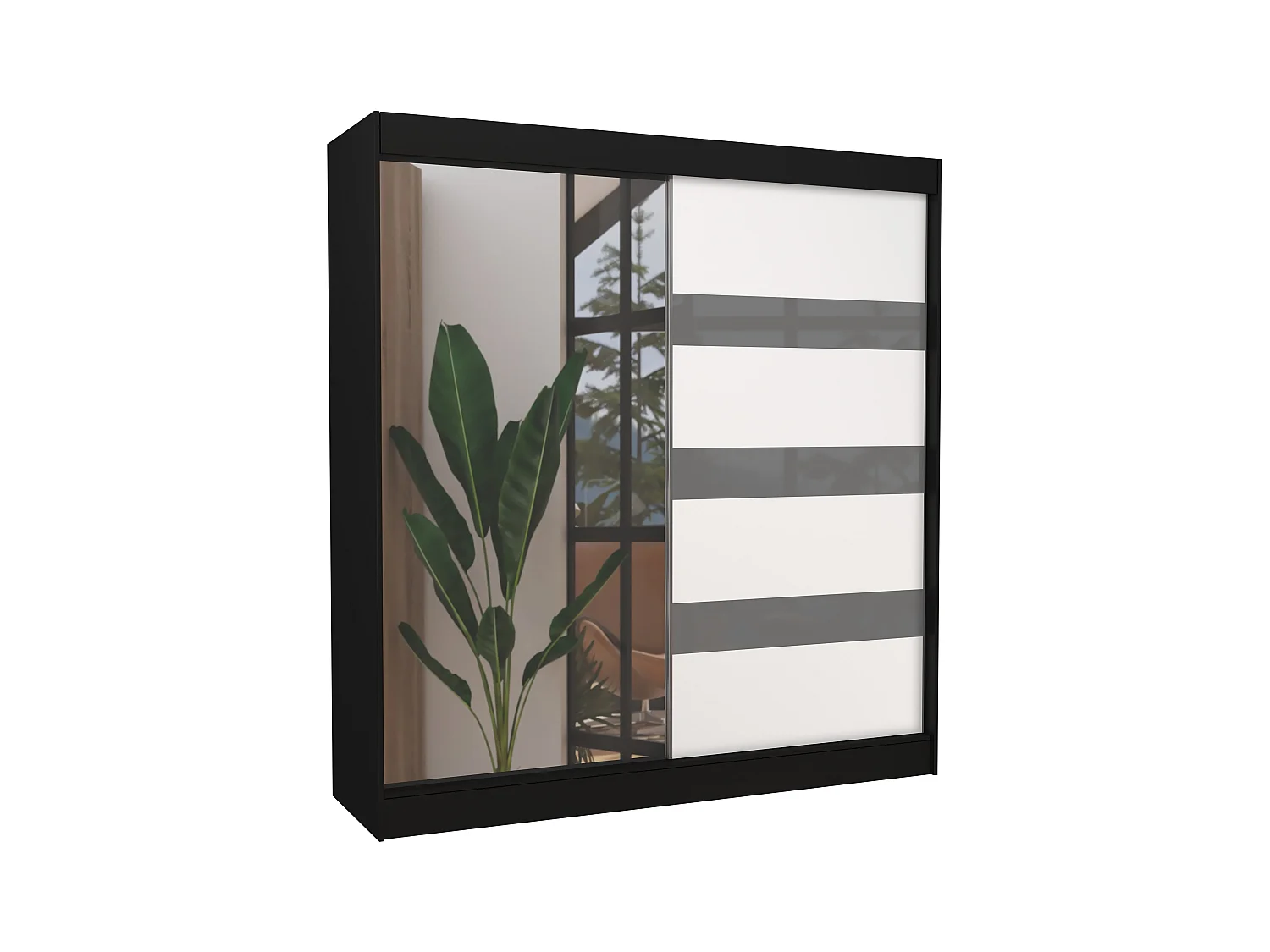 Armoire de chambre noire 1 porte blanche et grise laquée 1 porte miroir Voka - 3 tailles-Largeur 150 cm