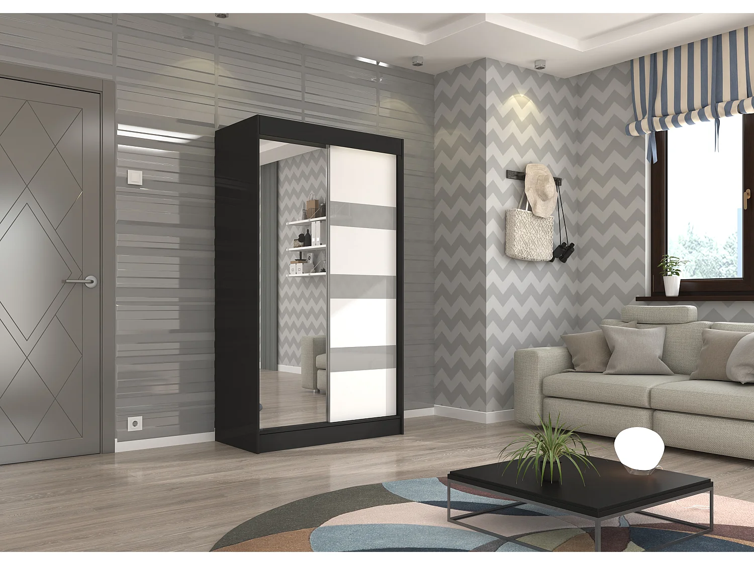 Armoire de chambre noire 1 porte blanche et grise laquée 1 porte miroir Voka - 3 tailles-Largeur 150 cm