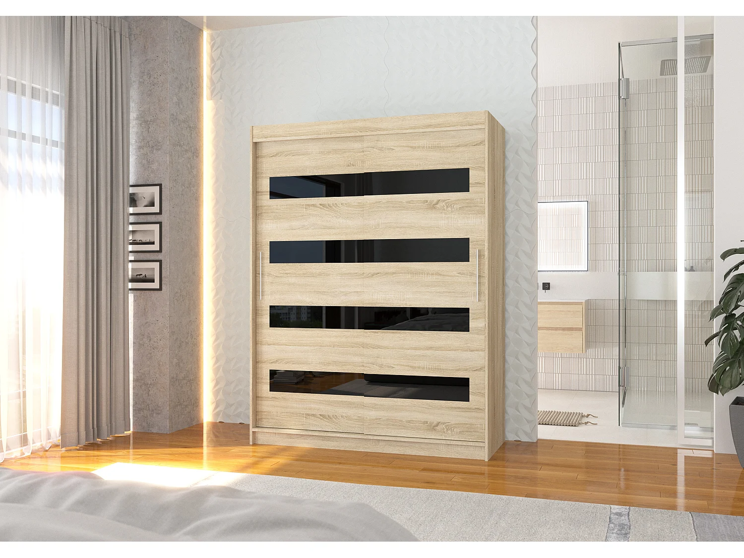 Armoire de chambre à coucher naturel 2 portes coulissantes naturel mat et noir laqué Zanko 150cm