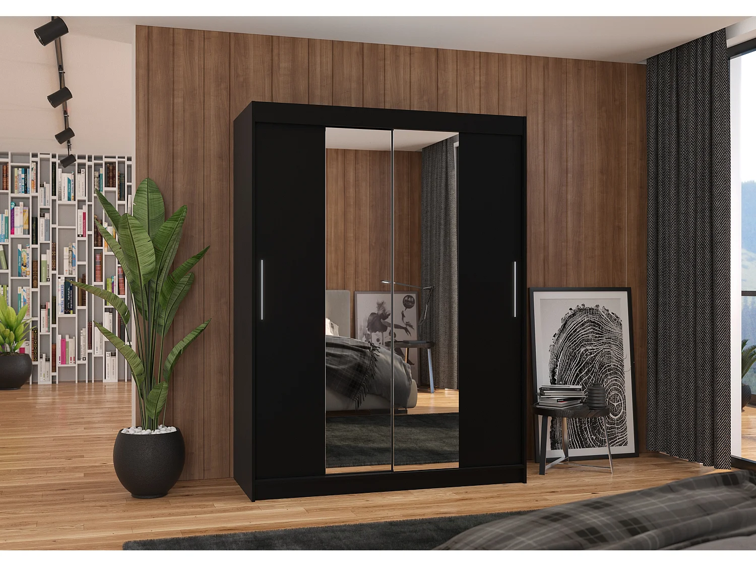 Armoire de chambre 2 portes coulissantes bois noir et miroir Linoa 150cm