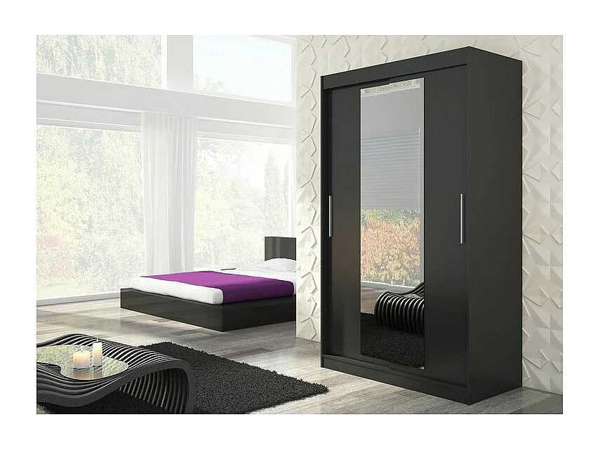 Armoire de chambre 2 portes coulissantes bois noir et miroir Linoa 150cm