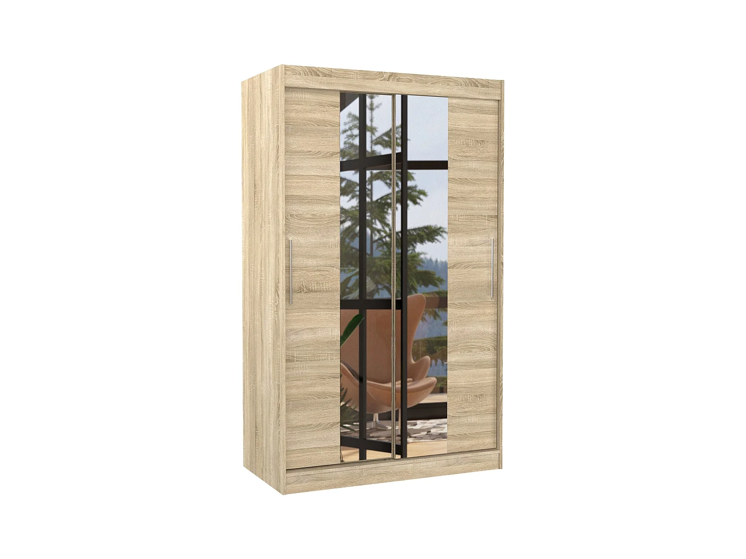 Petite armoire de chambre 2 portes coulissantes bois clair et miroir Tinko 120cm
