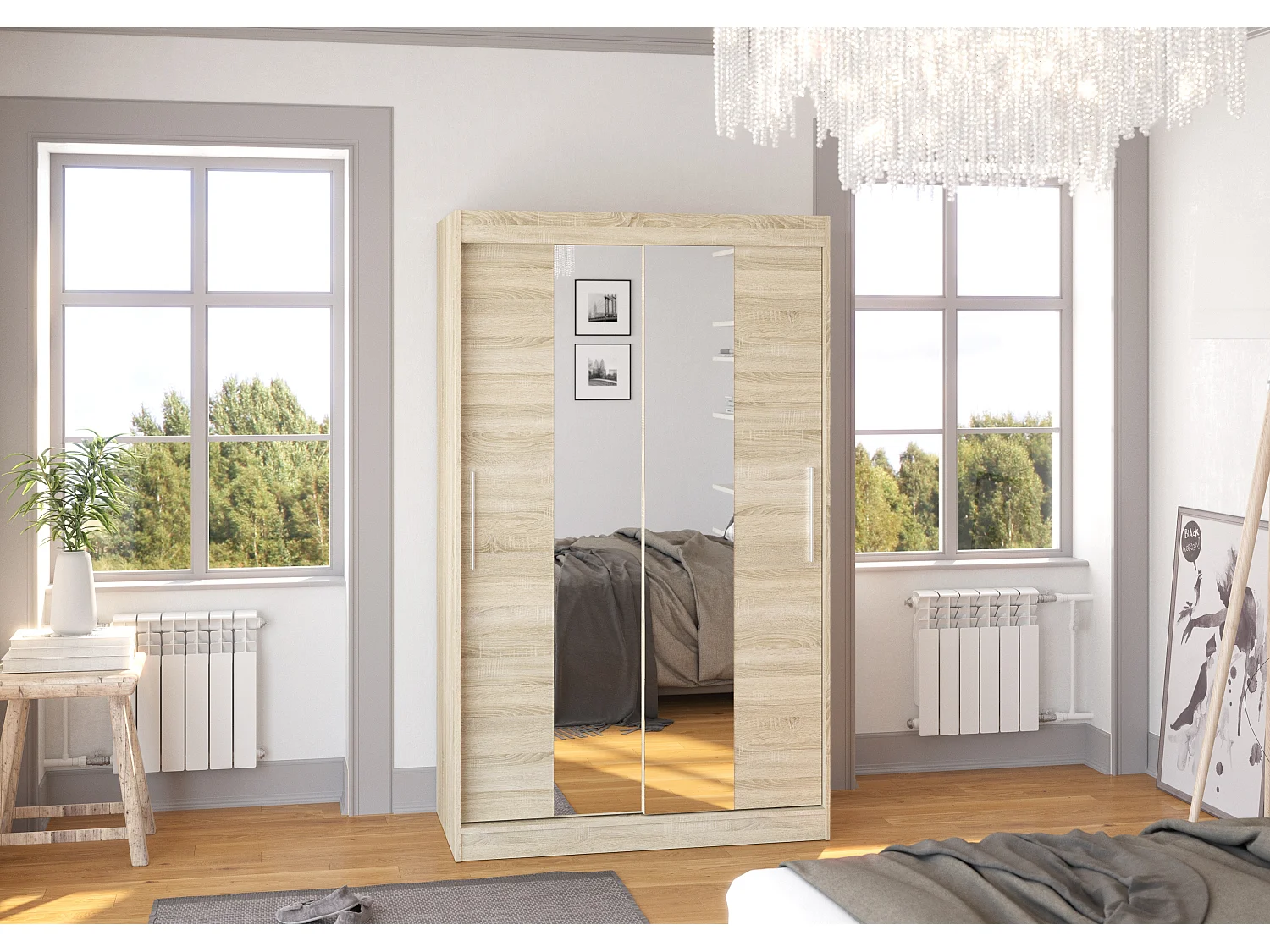 Petite armoire de chambre 2 portes coulissantes bois clair et miroir Tinko 120cm