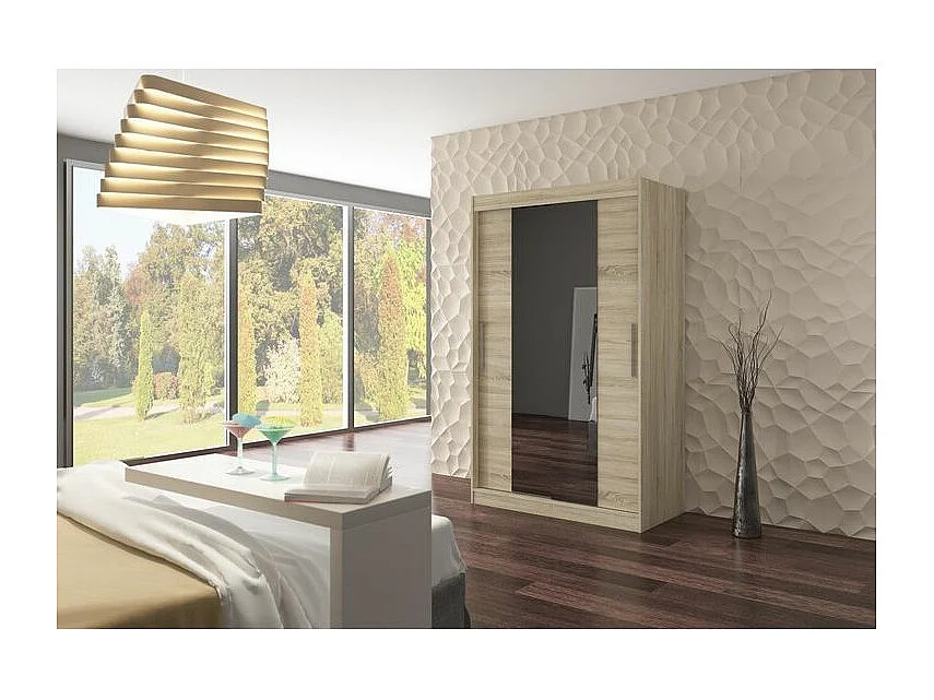 Petite armoire de chambre 2 portes coulissantes bois clair et miroir Tinko 120cm