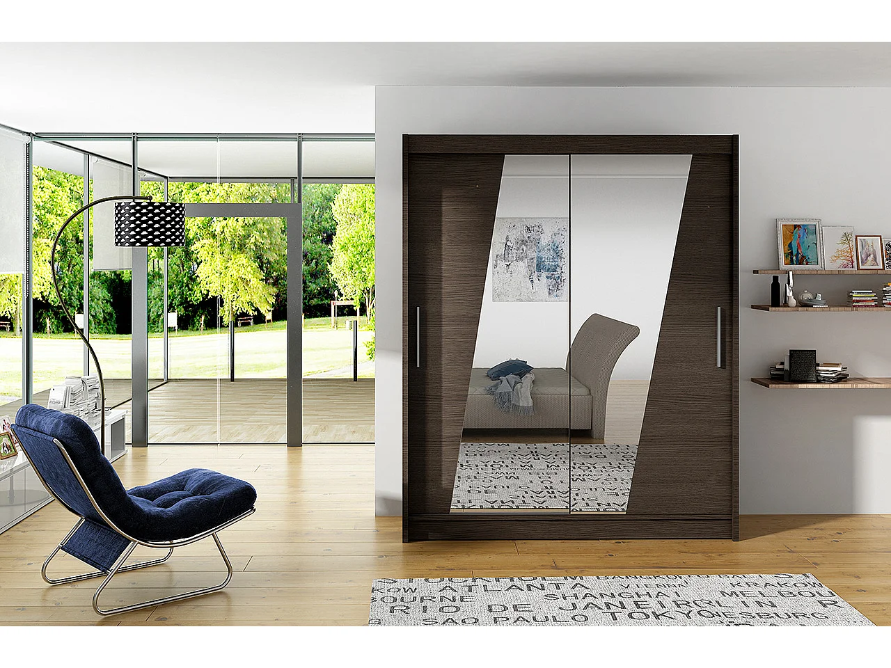 Armoire de chambre 2 portes coulissantes bois marron et miroirs en diagonale Bekone 150cm