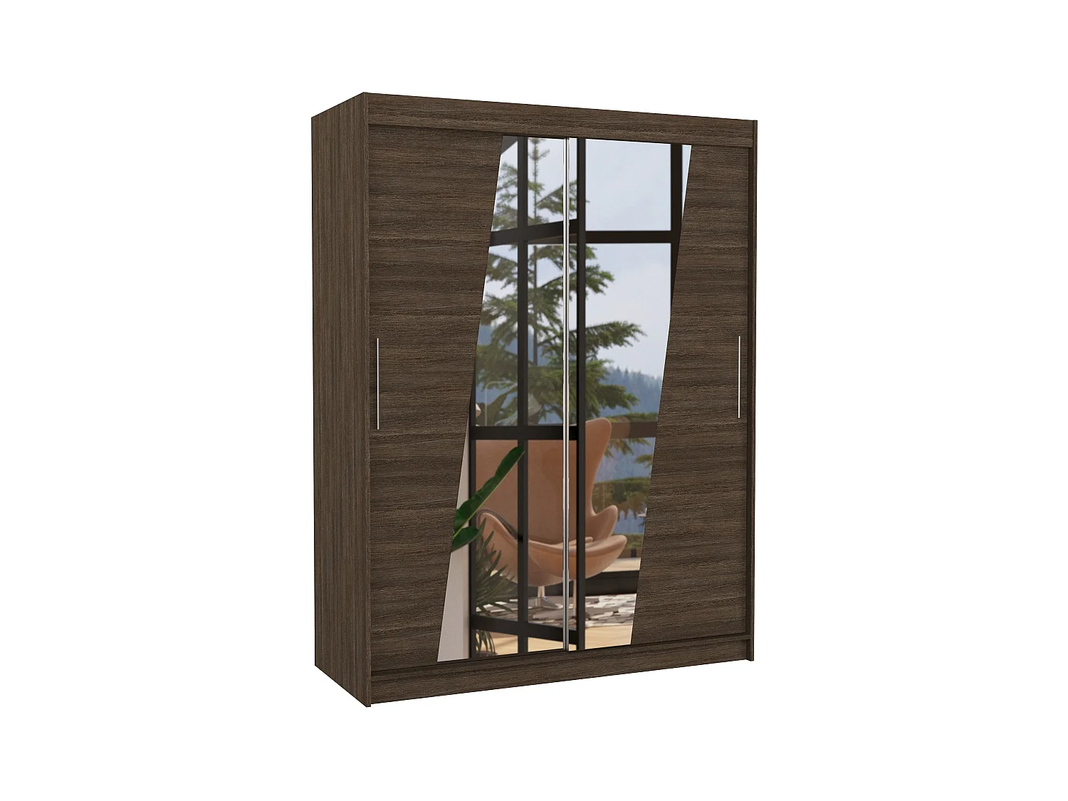 Armoire de chambre 2 portes coulissantes bois marron et miroirs en diagonale Bekone 150cm