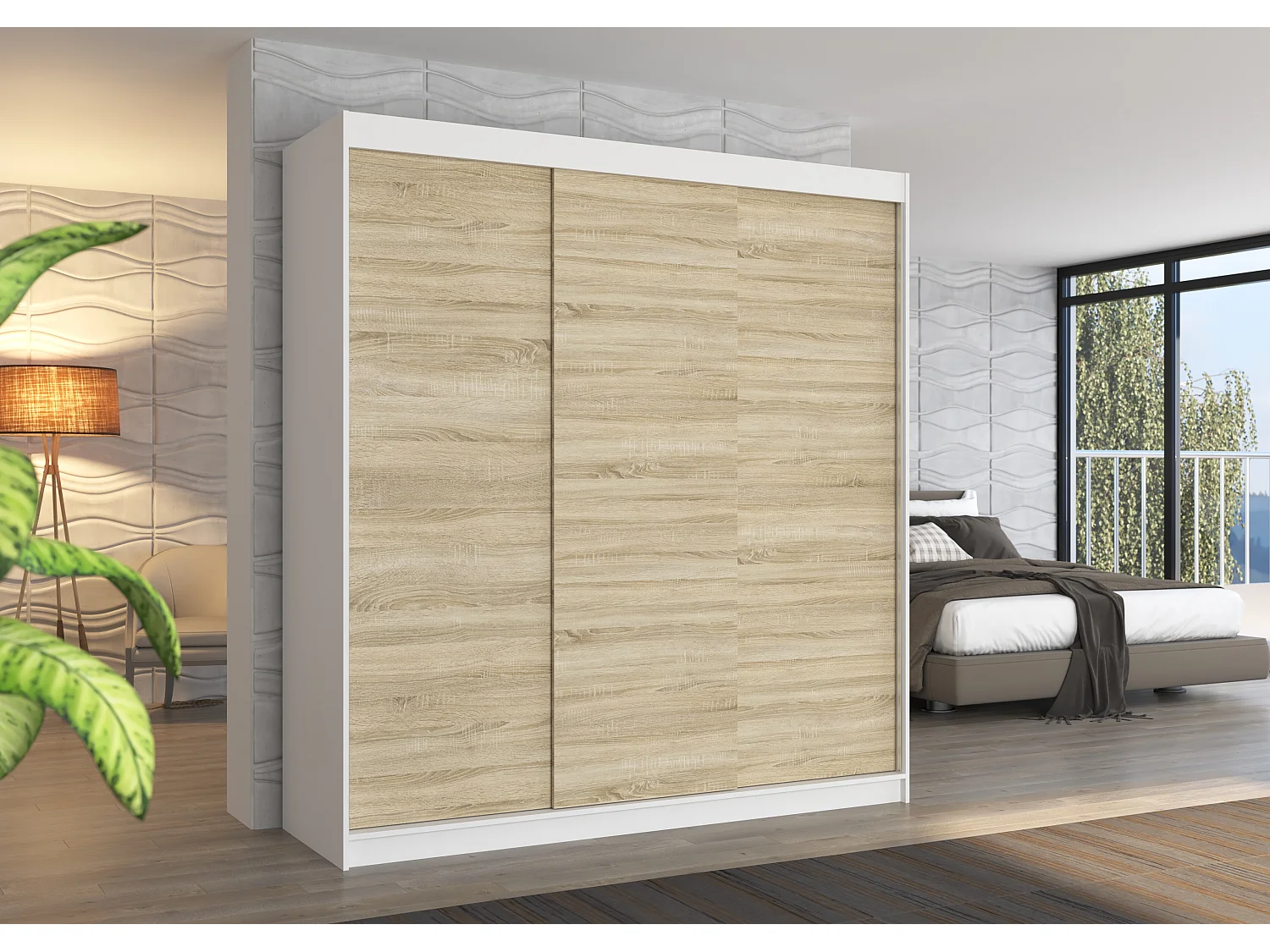 Armoire chambre adulte blanche et bois clair 2 portes coulissantes Kamia 200cm