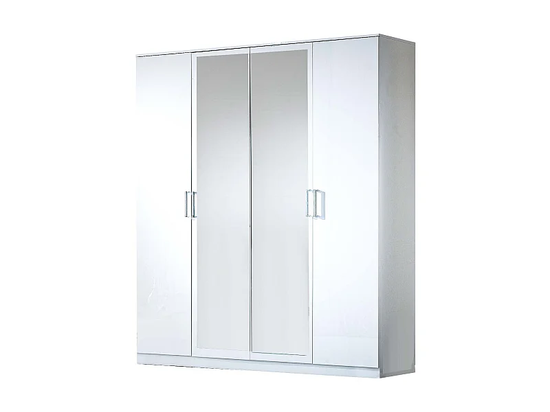 Armoire de chambre moderne 4 portes battantes bois blanc laqué et miroir Mona 181cm