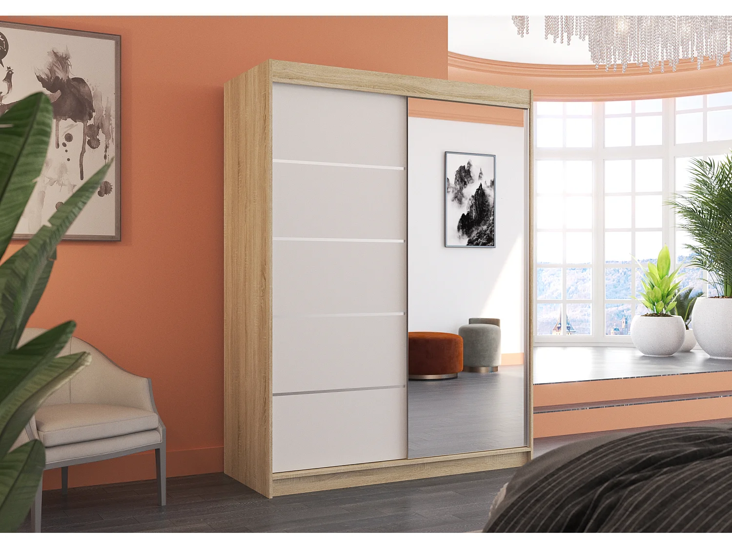 Armoire de chambre naturel 2 portes coulissantes 1 blanche et 1 miroir Limka 150cm