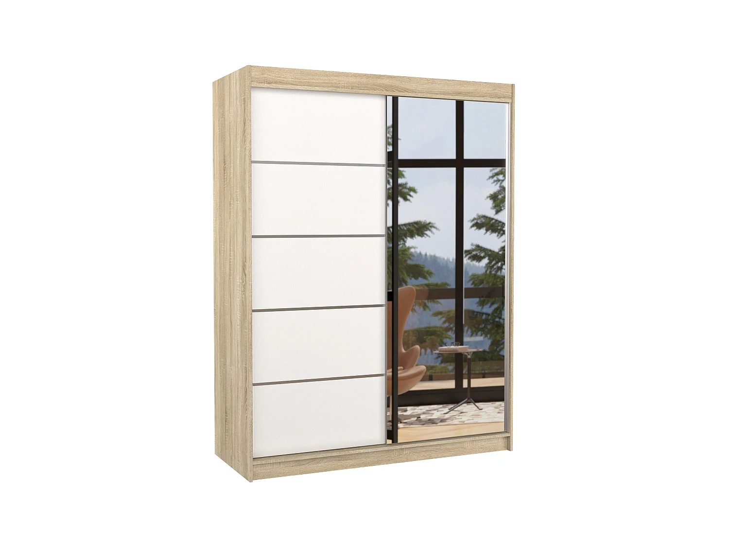 Armoire de chambre naturel 2 portes coulissantes 1 blanche et 1 miroir Limka 150cm
