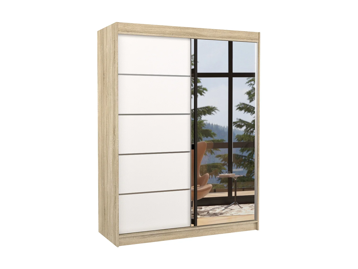 Armoire de chambre naturel 2 portes coulissantes 1 blanche et 1 miroir Limka 150cm