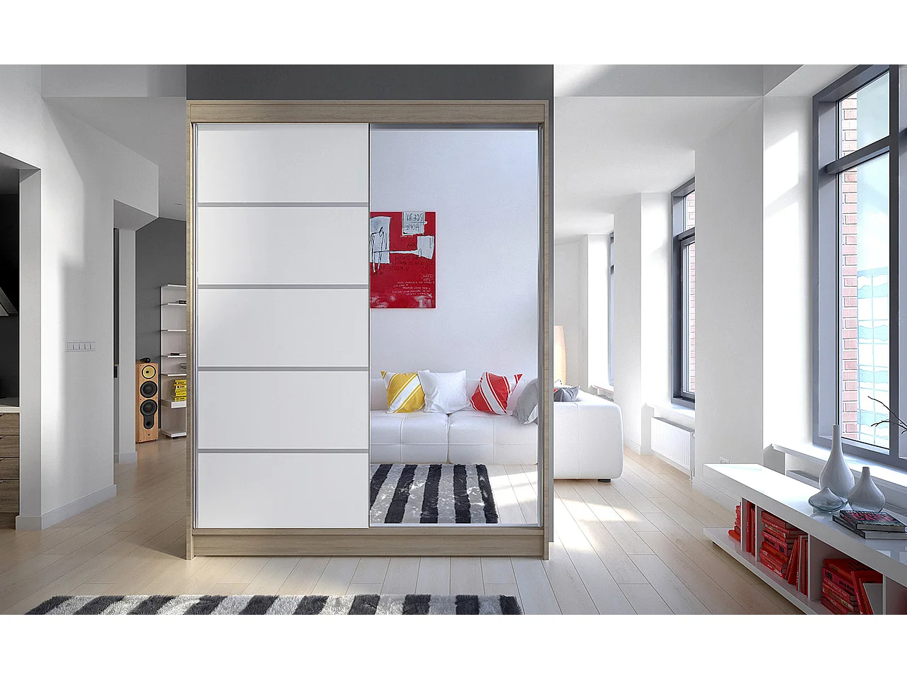 Armoire de chambre naturel 2 portes coulissantes 1 blanche et 1 miroir Limka 150cm