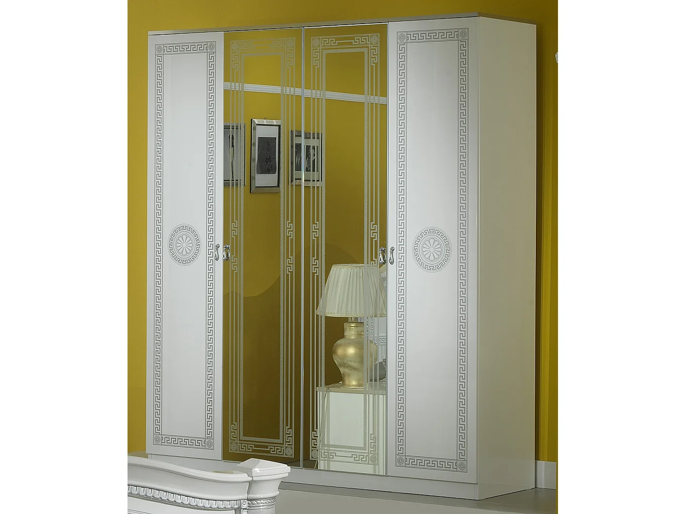 Armoire adulte 4 portes 2 avec miroirs laqué blanc et gris Savana 181cm