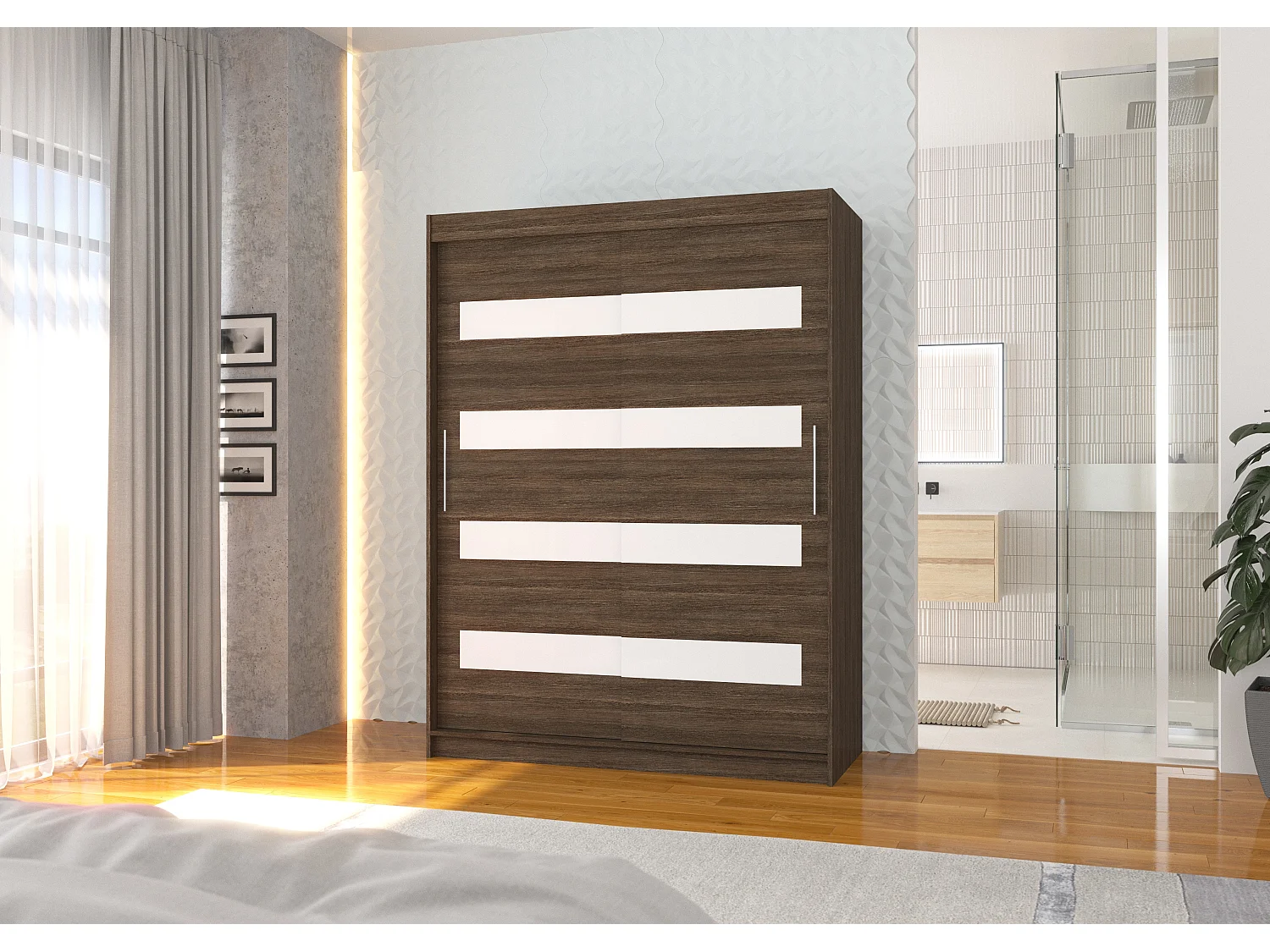 Armoire de chambre à coucher marron 2 portes coulissantes marron mat et blanc laqué Zanko 150cm