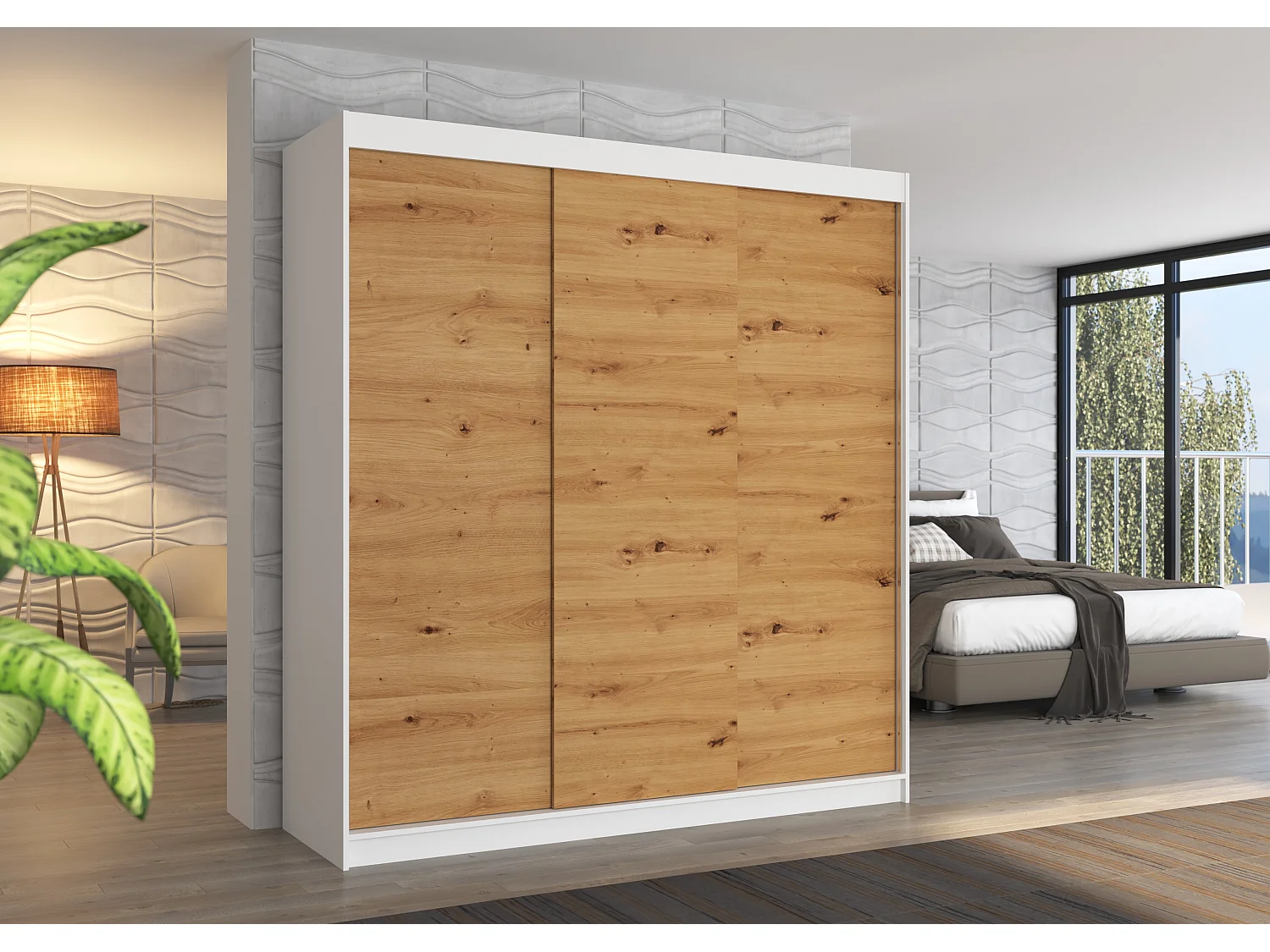 Armoire chambre adulte blanche et bois artisan 2 portes coulissantes Kamia 200cm