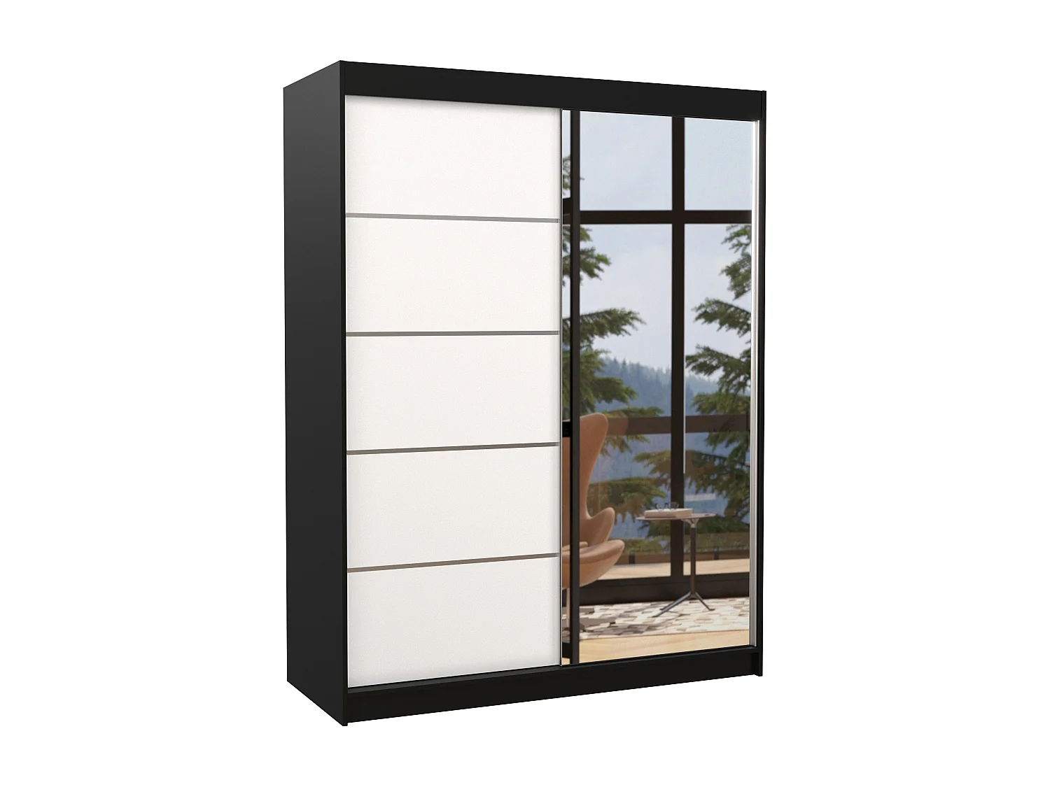 Armoire de chambre noir 2 portes coulissantes 1 blanche et 1 miroir Limka 150cm