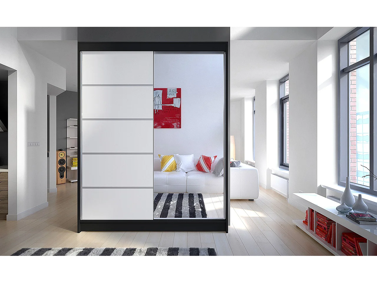 Armoire de chambre noir 2 portes coulissantes 1 blanche et 1 miroir Limka 150cm