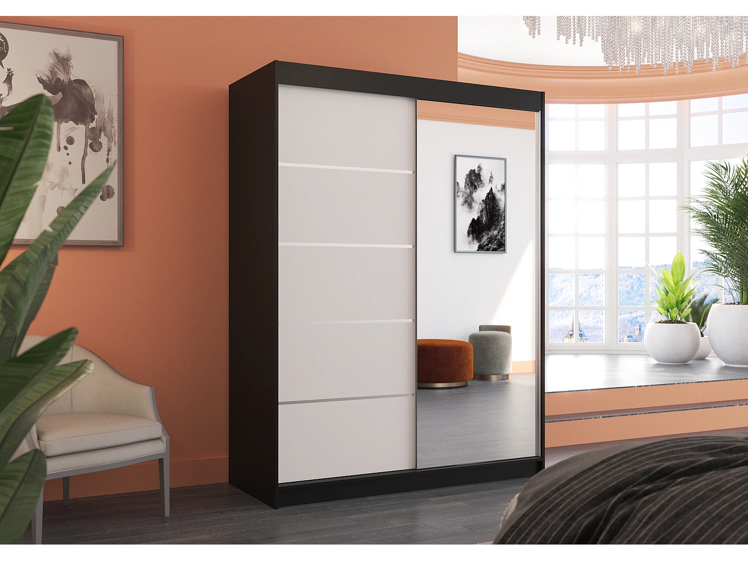 Armoire de chambre noir 2 portes coulissantes 1 blanche et 1 miroir Limka 150cm