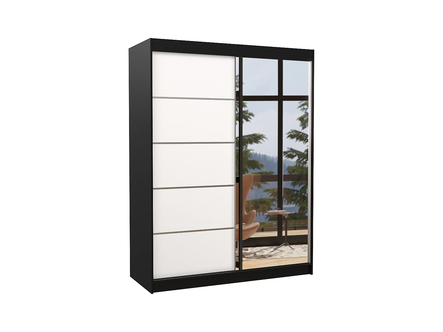 Armoire de chambre noir 2 portes coulissantes 1 blanche et 1 miroir Limka 150cm