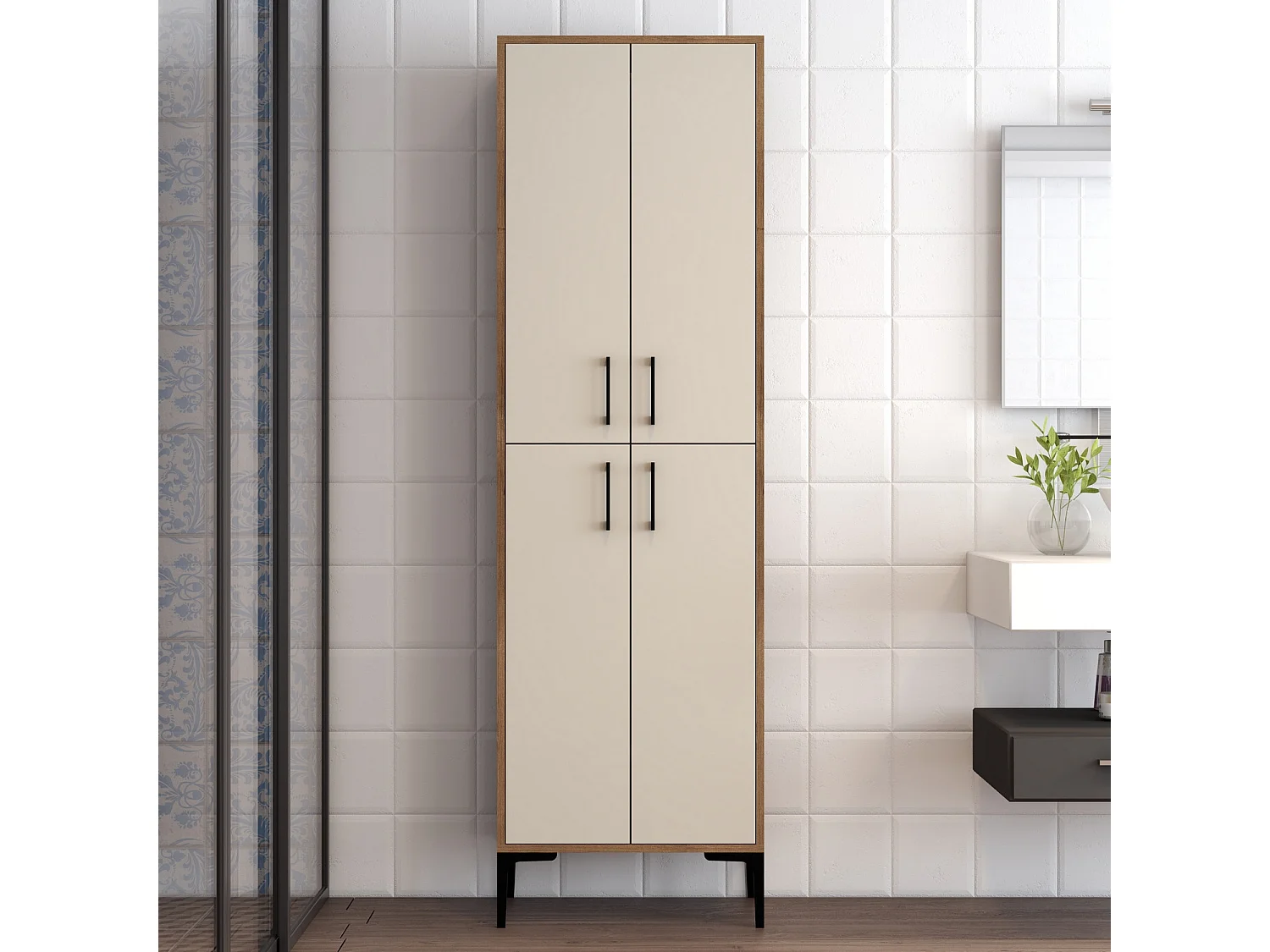 Armoire polyvalente bois noyer et crème Kliko 60cm