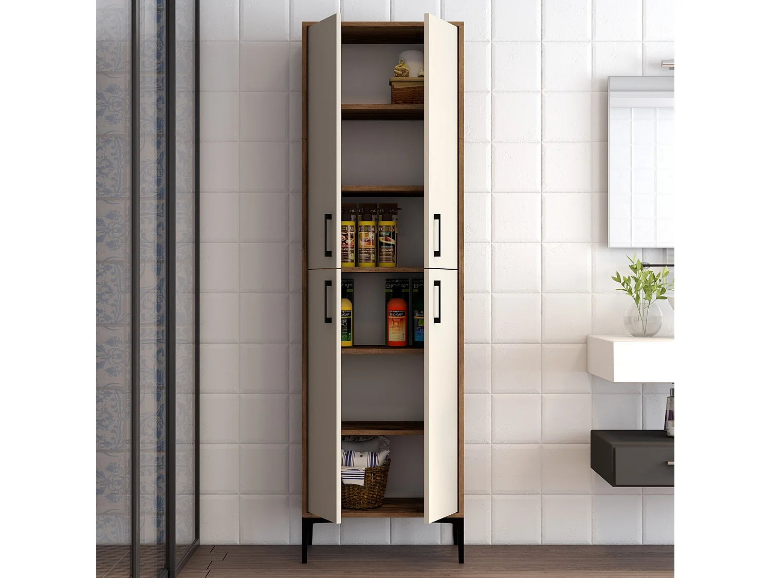 Armoire polyvalente bois noyer et crème Kliko 60cm