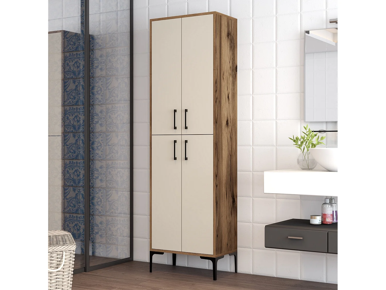 Armoire polyvalente bois noyer et crème Kliko 60cm