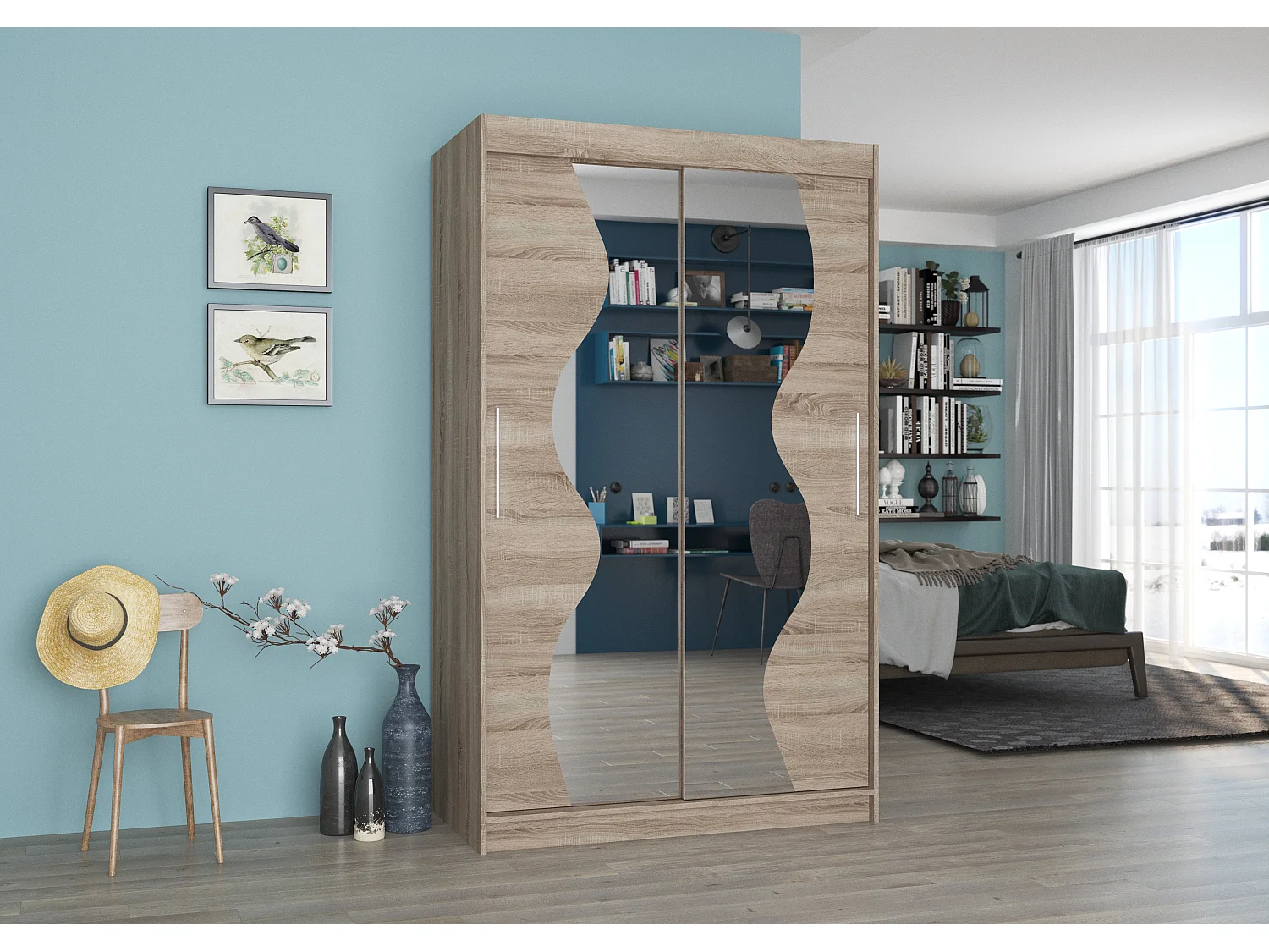Petite armoire de chambre 2 portes coulissantes bois truffe et miroir Vaguz 120cm