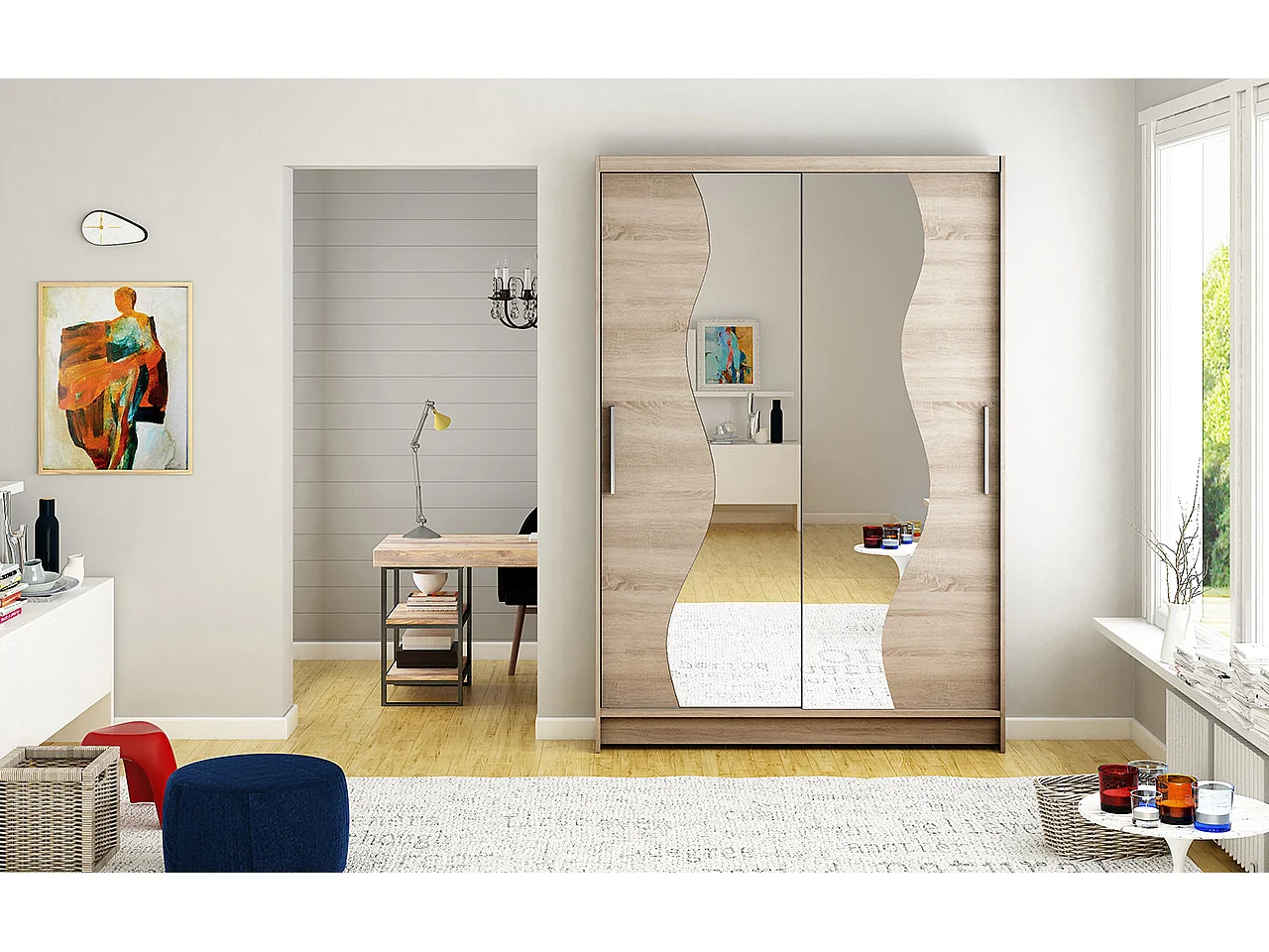 Petite armoire de chambre 2 portes coulissantes bois truffe et miroir Vaguz 120cm