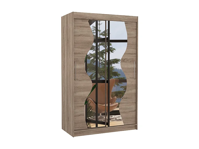 Petite armoire de chambre 2 portes coulissantes bois truffe et miroir Vaguz 120cm