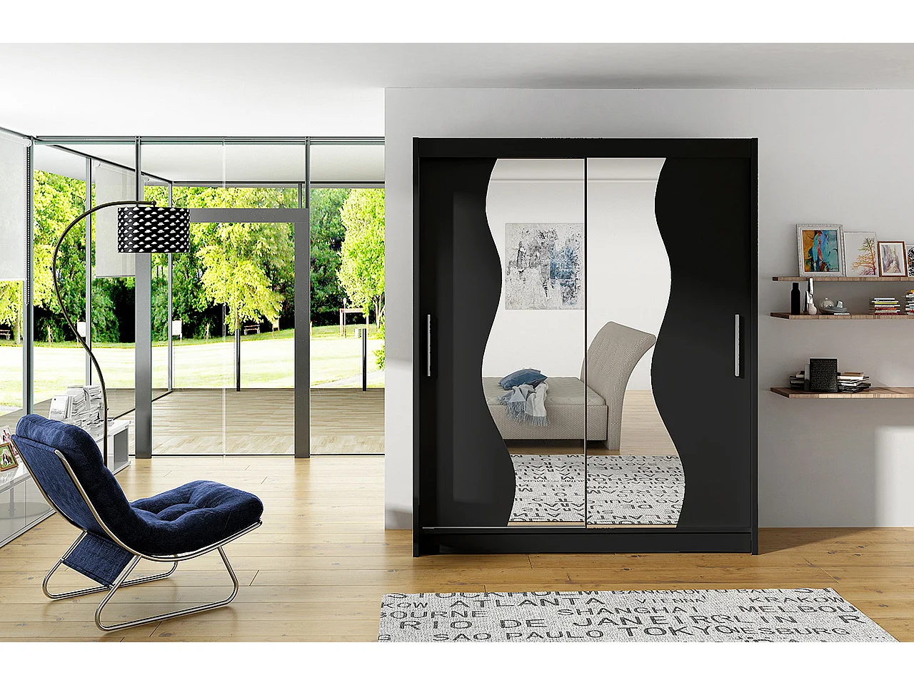 Armoire de chambre noir 2 portes coulissantes avec miroir Renka 150cm