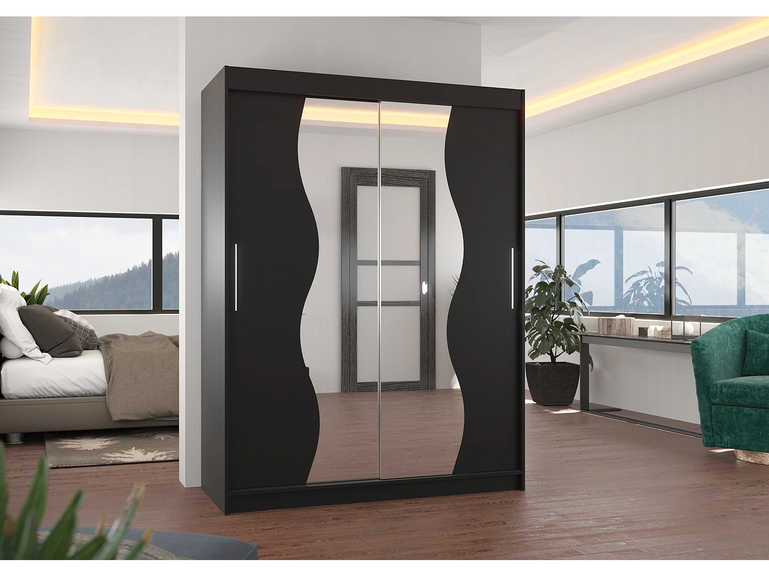 Armoire de chambre noir 2 portes coulissantes avec miroir Renka 150cm