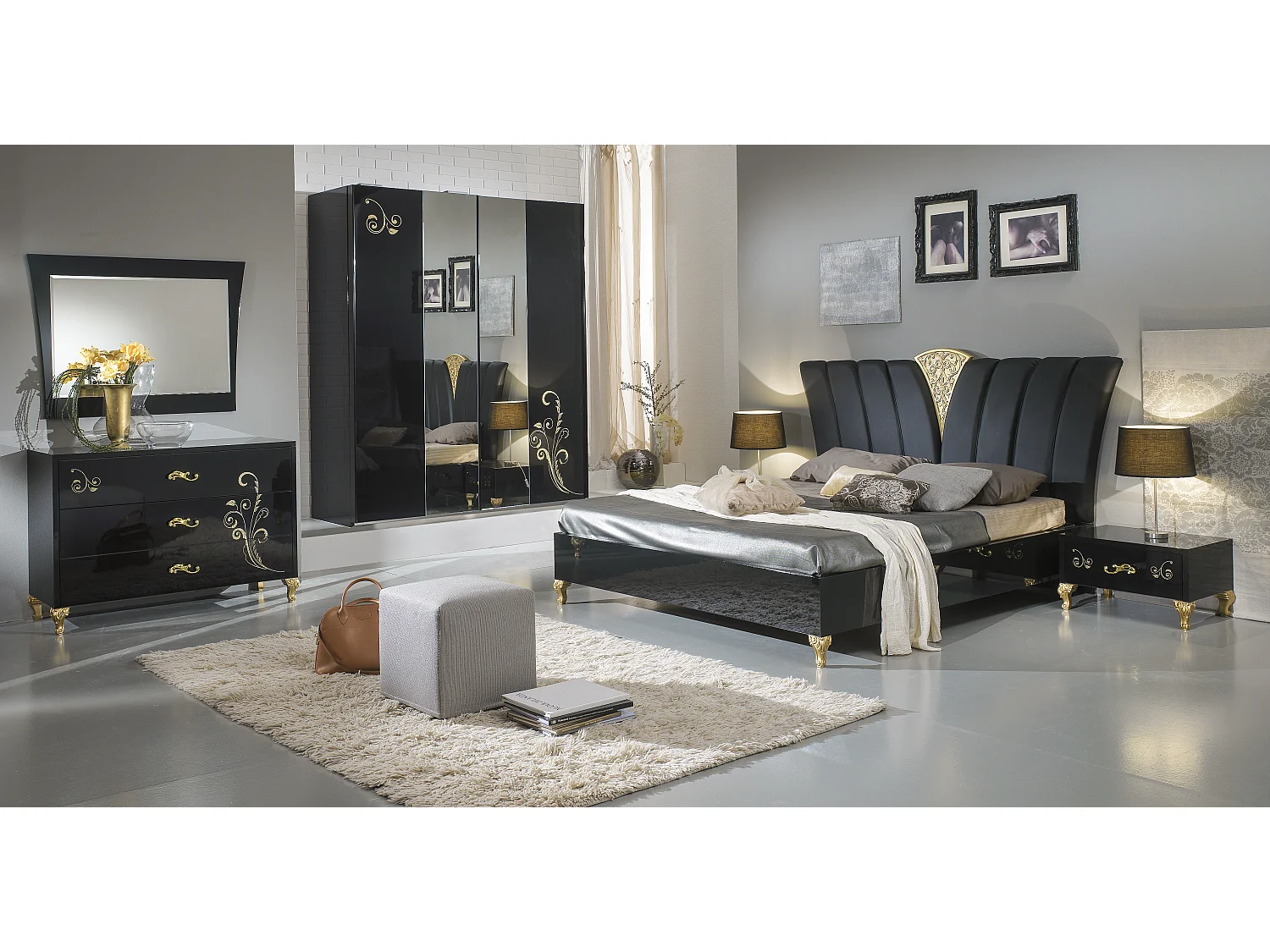 Armoire de chambre design 2 portes coulissantes bois laqué noir et doré Jade 182cm