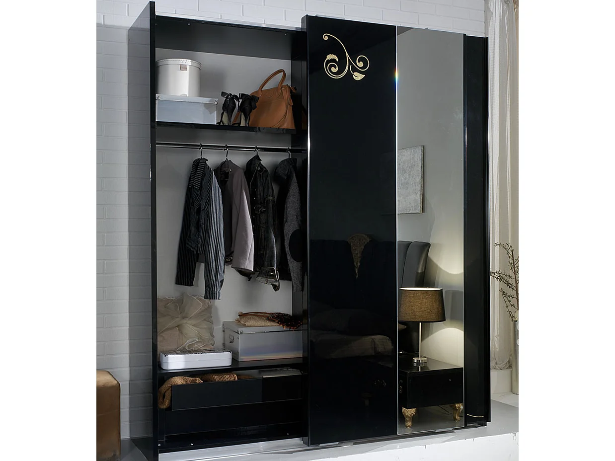 Armoire de chambre design 2 portes coulissantes bois laqué noir et doré Jade 182cm