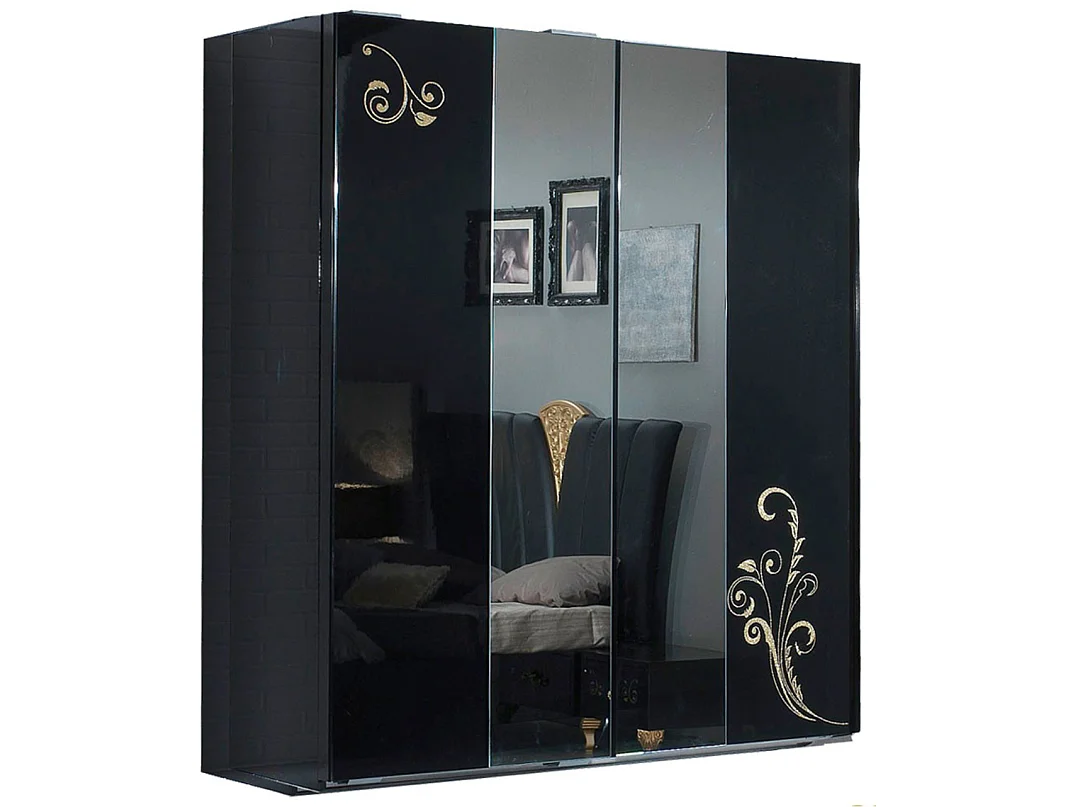 Design slaapkamerkast met 2 schuifdeuren in zwart en goudgelakt hout Jade 182 cm